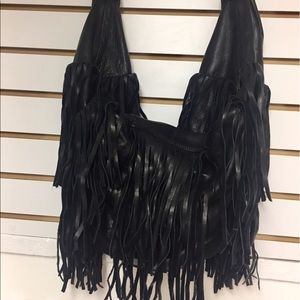 Neiman Marcus Black leather fringed purse