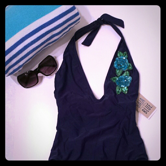 Baja Blue Plunge Front Indigo Blue Swimsuit - Picture 1 of 6