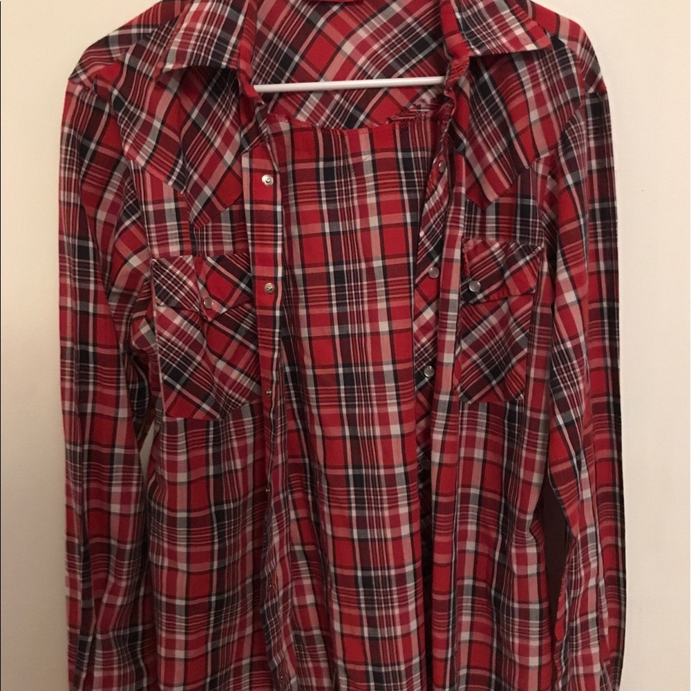 Red white and blue plaid button down