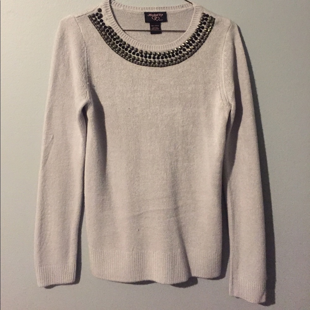 Gray sweater with black and gold beading