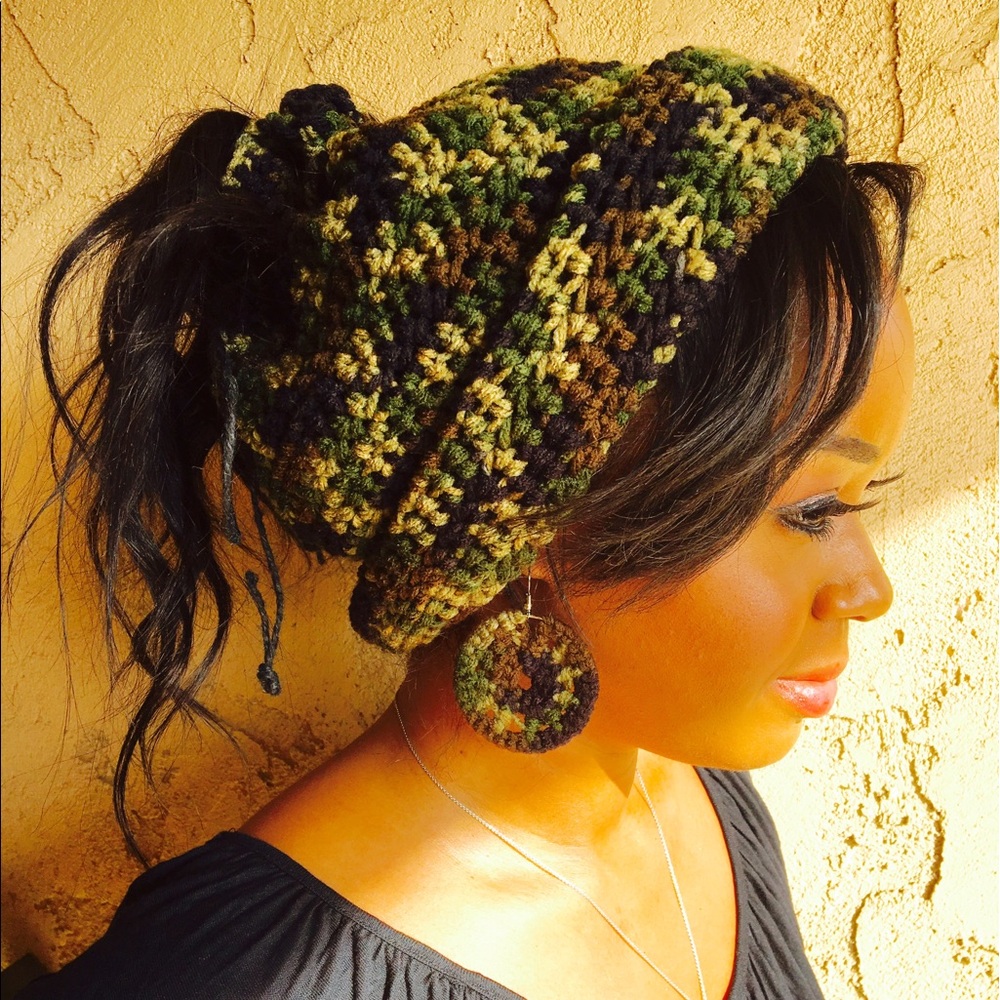 Floppy Crocheted Ponytail Hat With Earrings