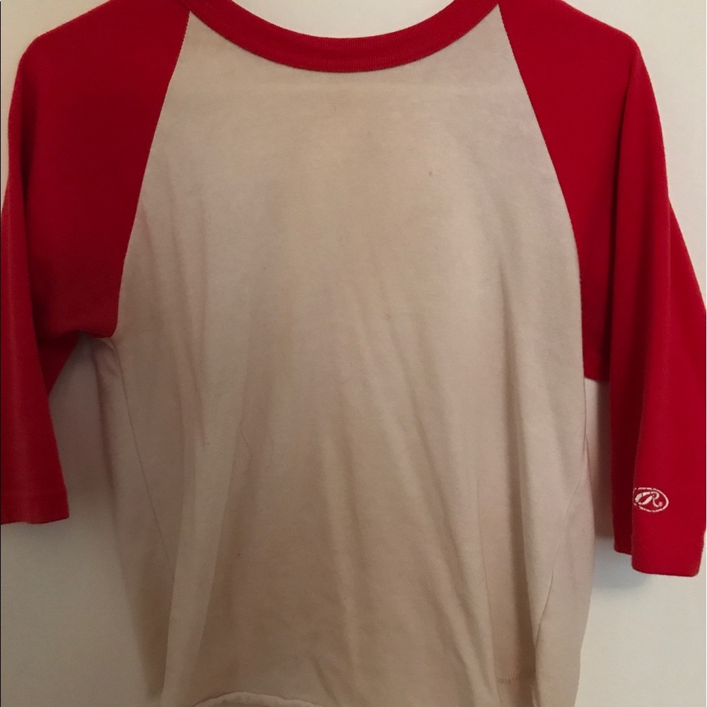 Red and white 3/4 sleeve baseball tee.
