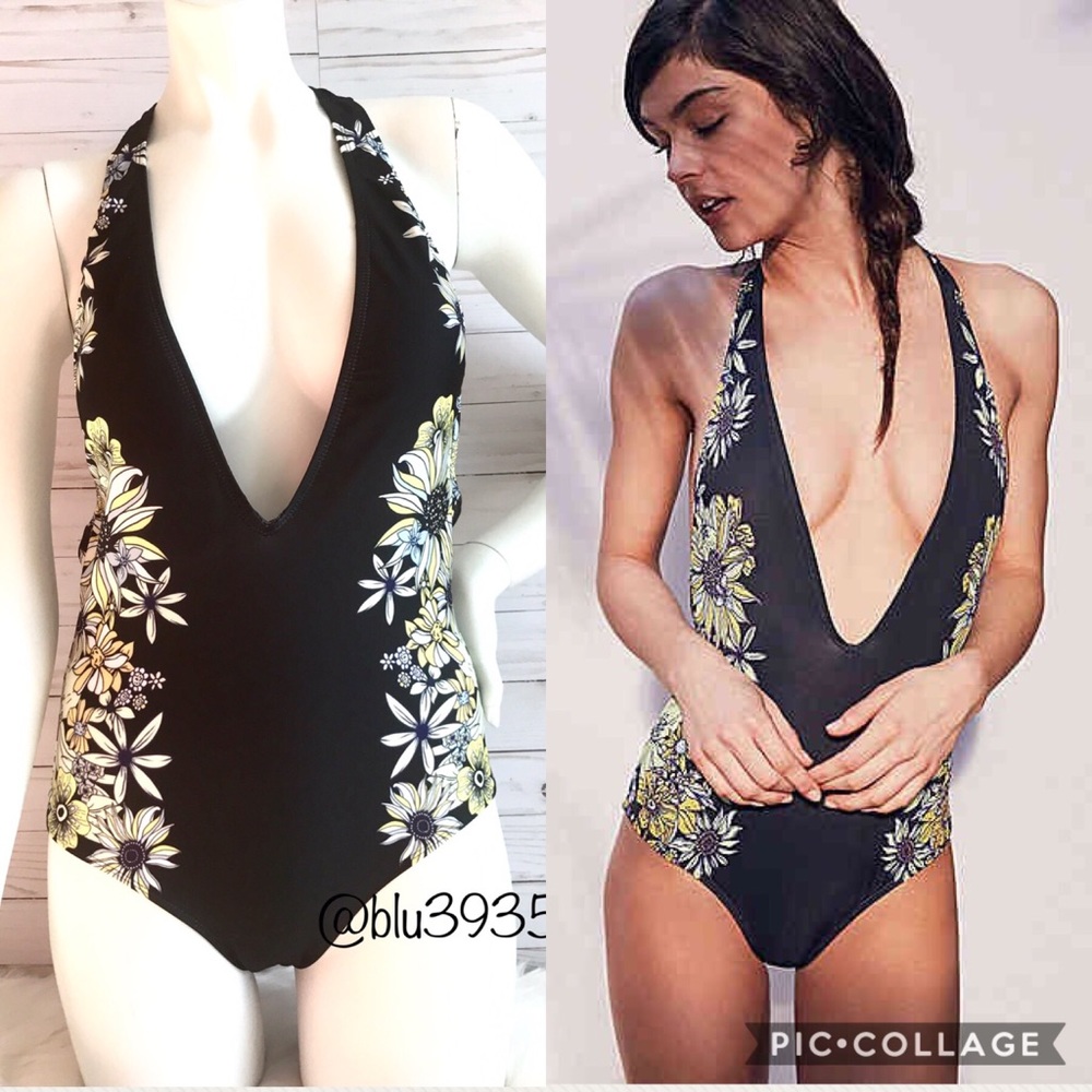 JUST INBlack one piece yellow flower swimsuit