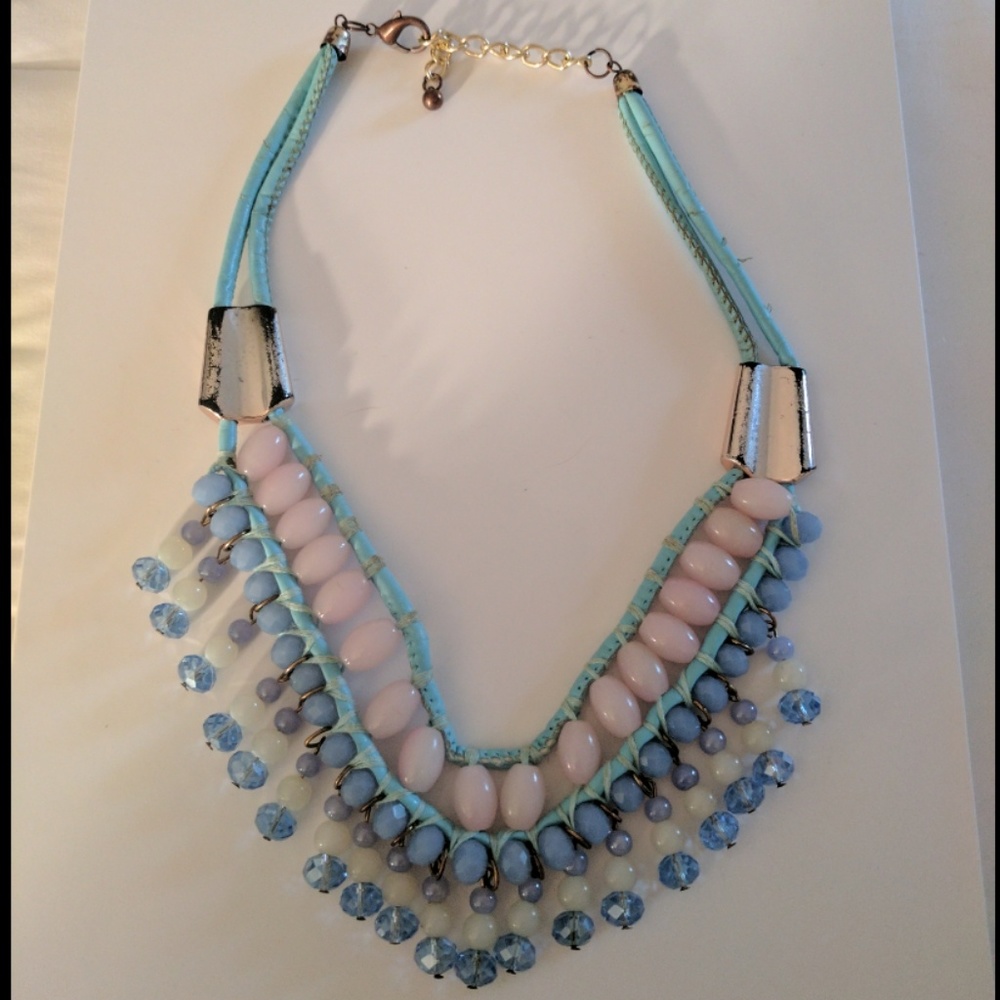 Blue and Pink beaded chunky statement necklace