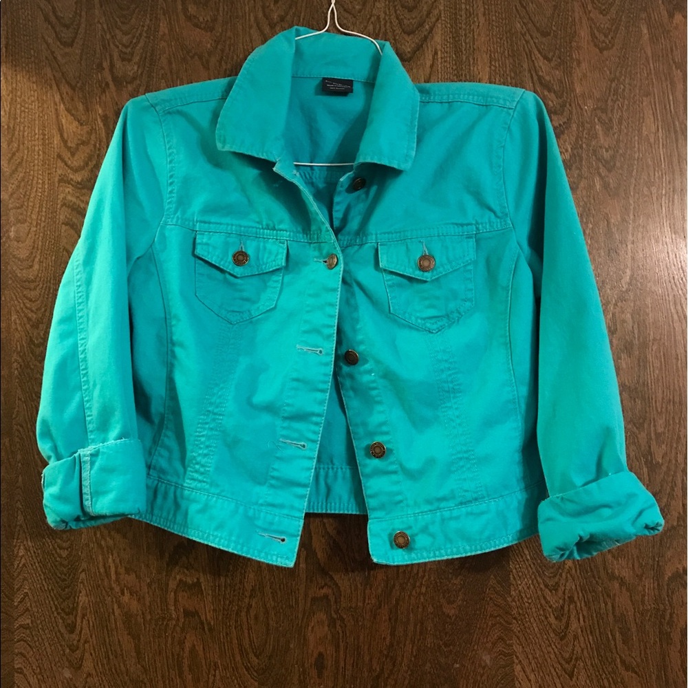 Denim jacket teal, soft material.  EUC