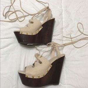 Brown and beige suede wedges