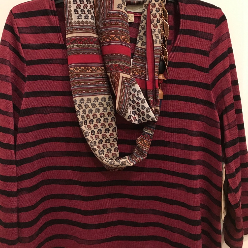 Burgundy Striped Top with Neckpiece