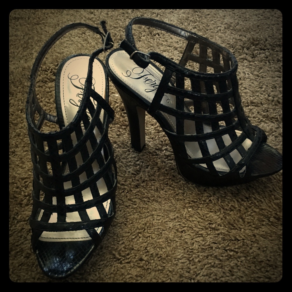Fergie black, strappy heels. Size 7.