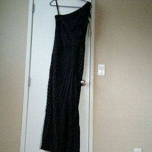 Fabulous one shoulder dark blue night long gown