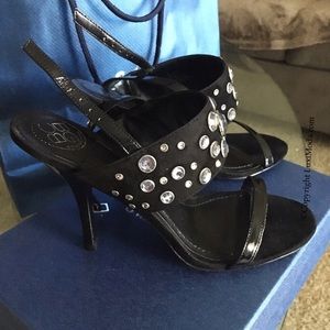 BCBG Stunning Black Suede Sandals Crystals Emb