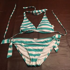 Teal and white striped bikini