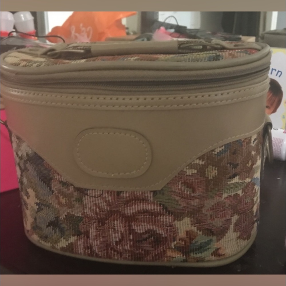 Brown and gray floral print makeup  traveling bag