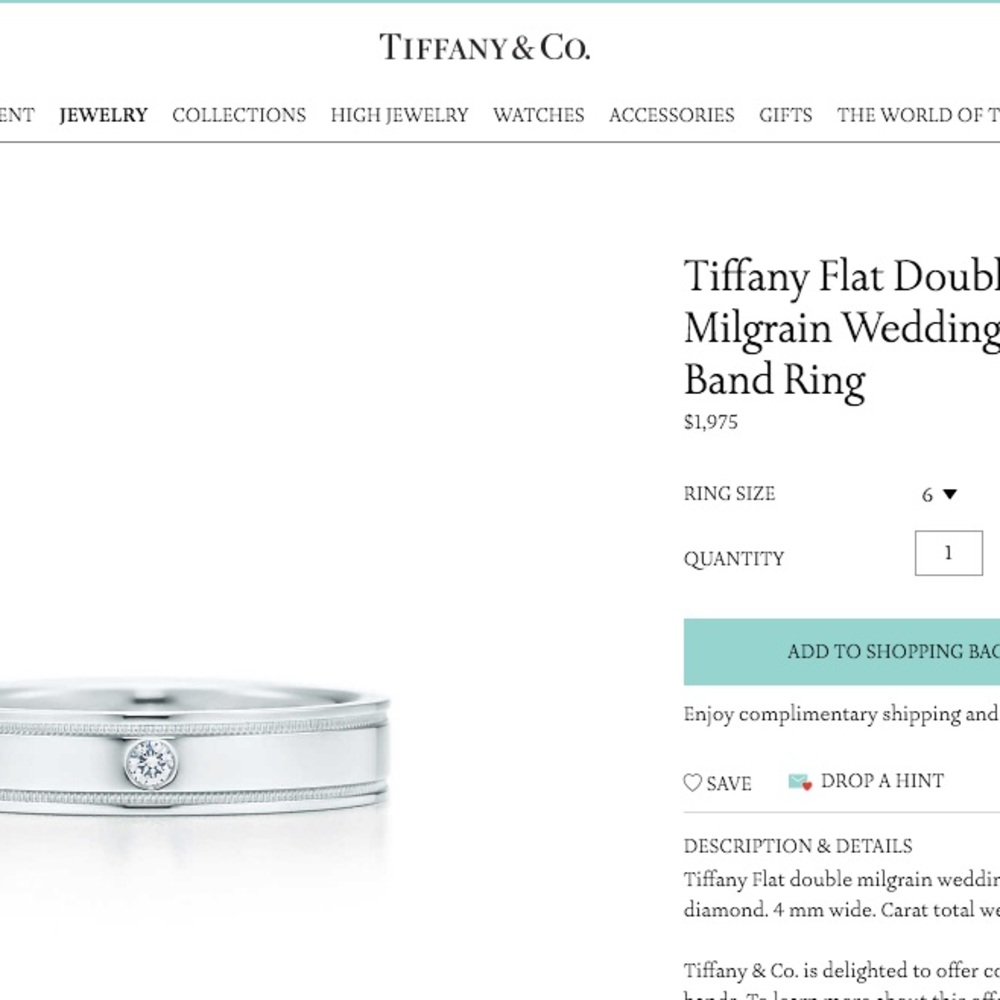Tiffany flat double milgrain wedding band ring