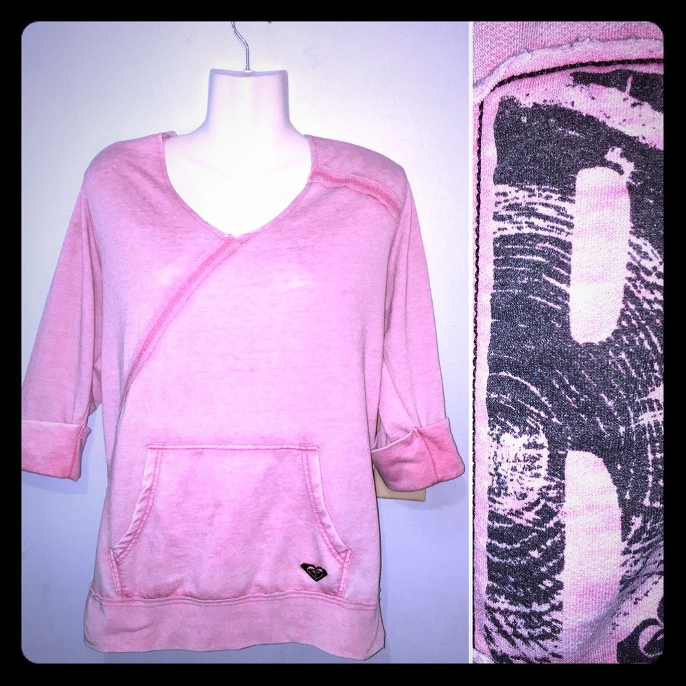 SOLD Roxy Distressed Pink 3/4 v- neck sweatshirt
