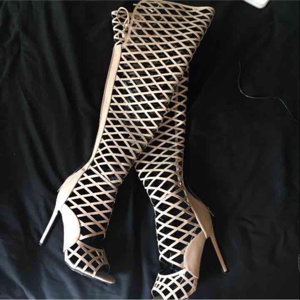 caged thigh high heels