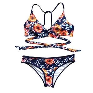 Daisy print cross tie bikini