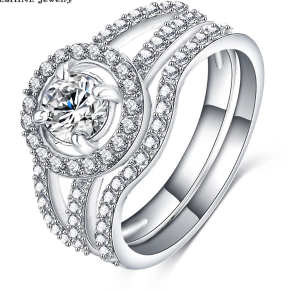 Round Halo Puzzle Silver Wedding Ring Set - Picture 1 of 5