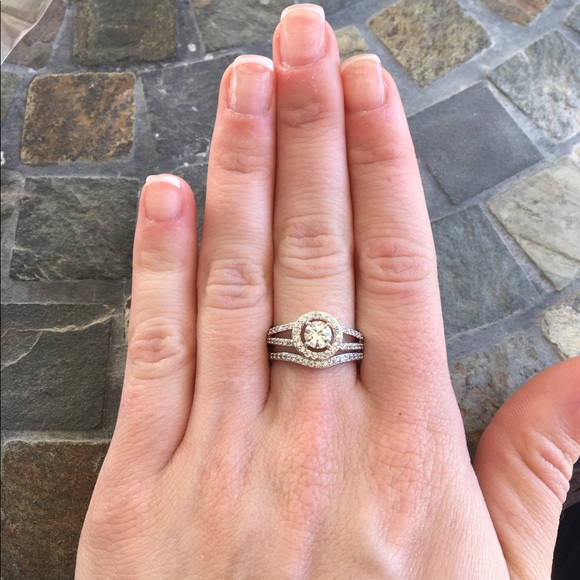 Round Halo Puzzle Silver Wedding Ring Set - Picture 2 of 5