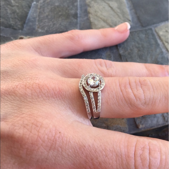 Round Halo Puzzle Silver Wedding Ring Set - Picture 4 of 5