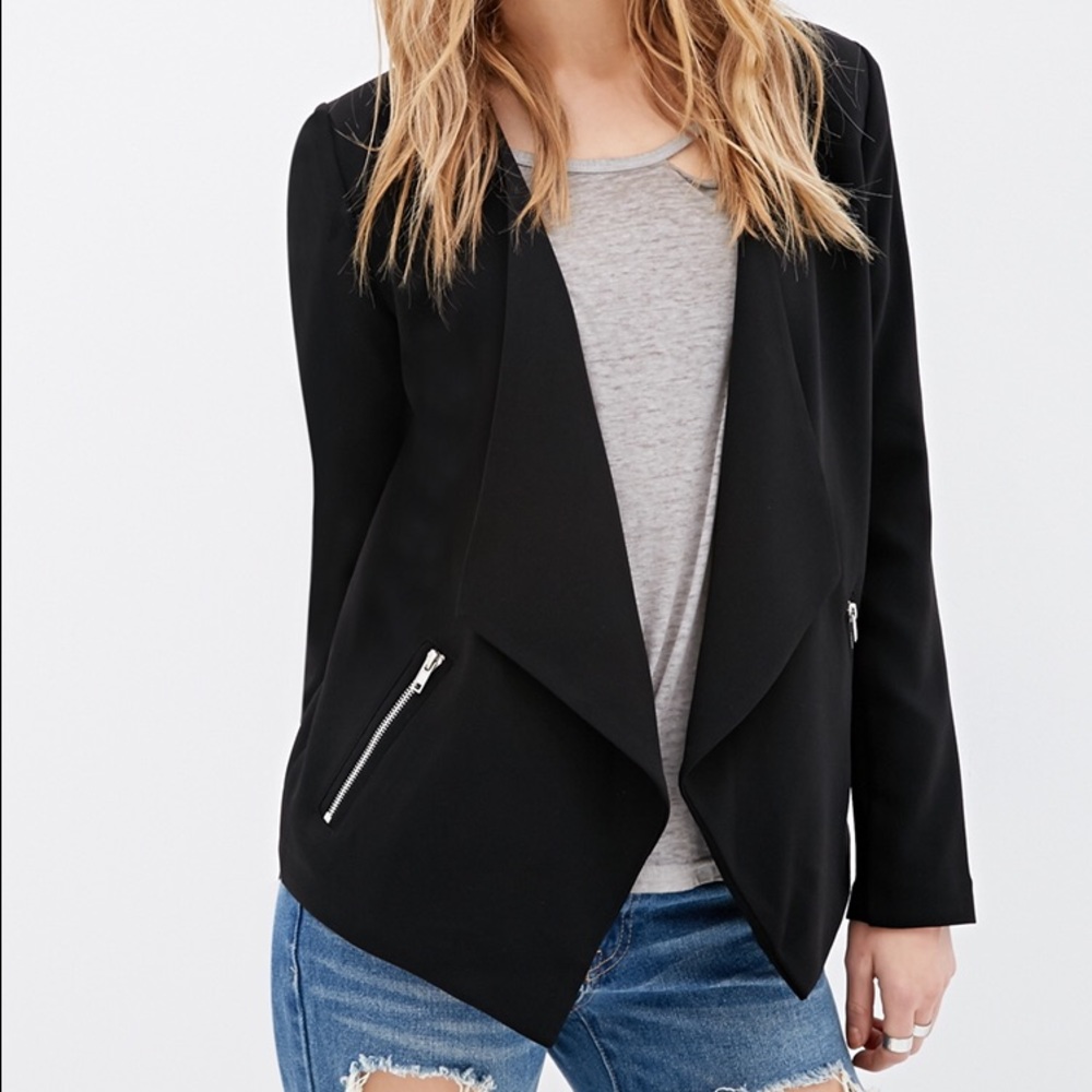 Collarless draped-front black blazer