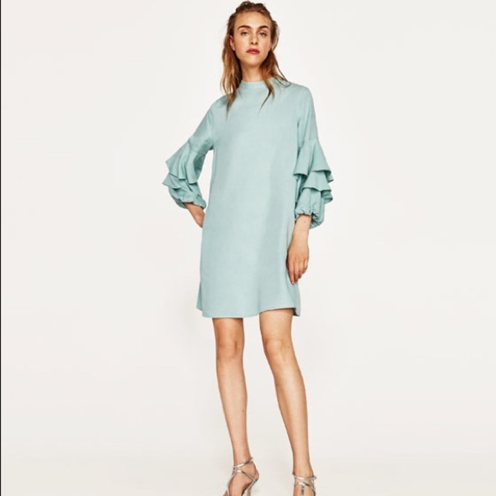Zara frilled sleeve sea green dress