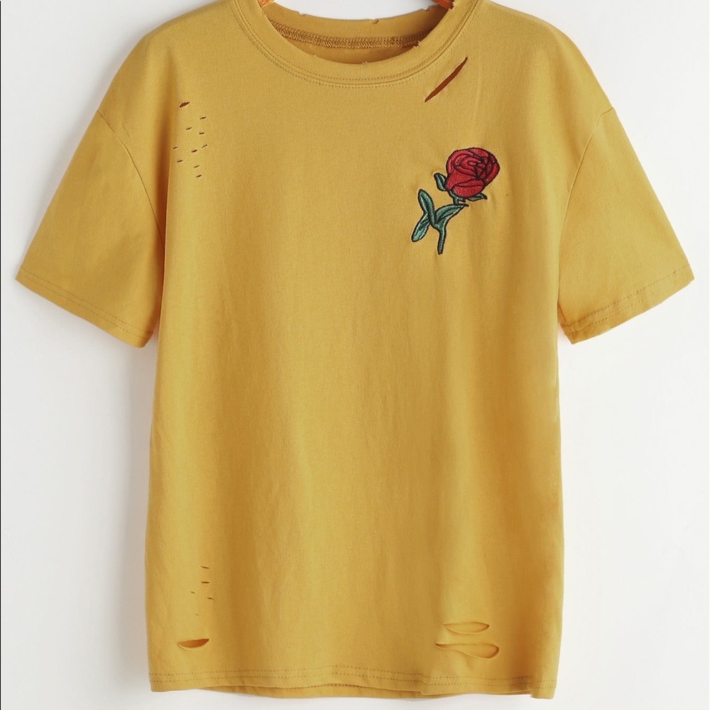 Rose embroidered slashed tshirt