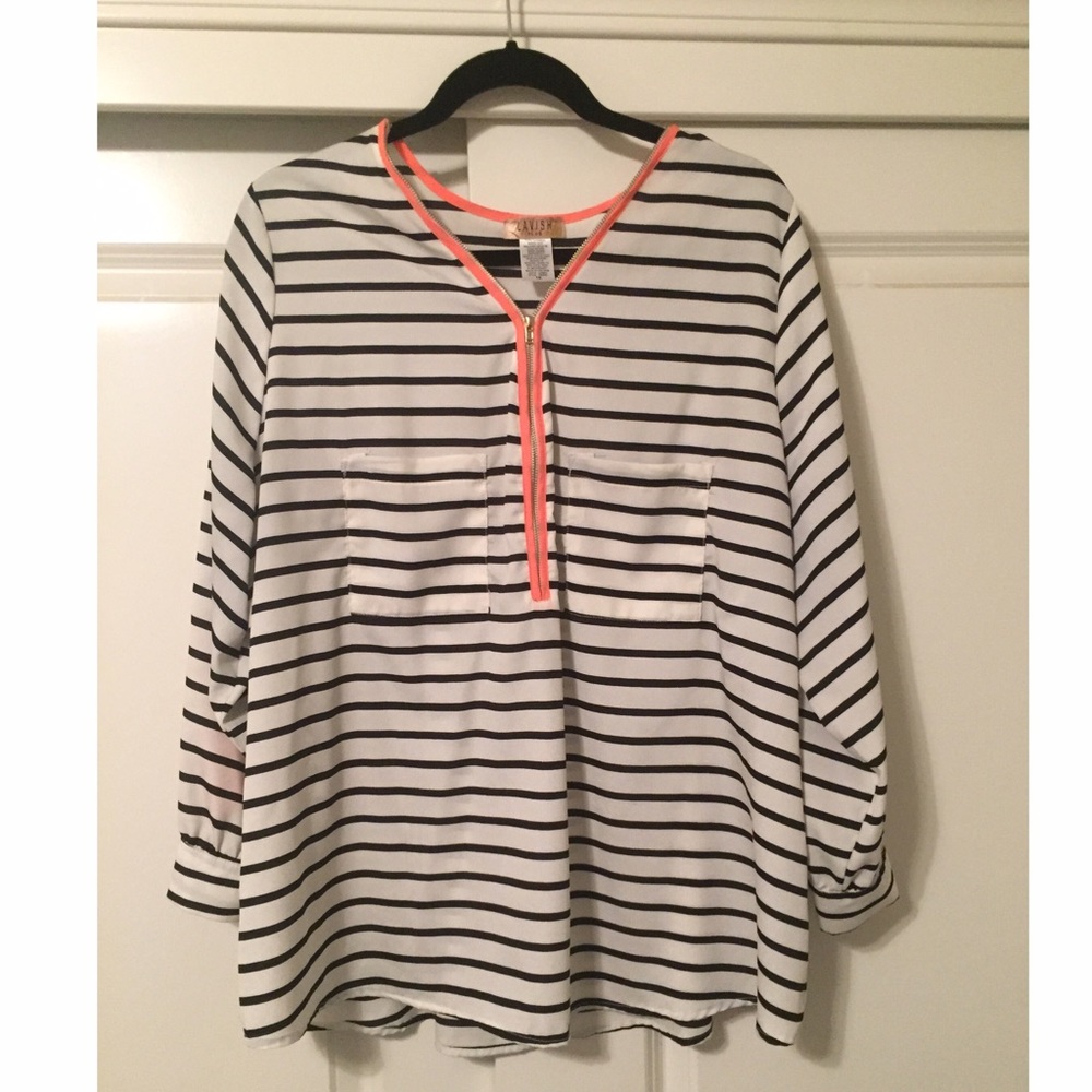 Black and White Striped Top with Coral Detail