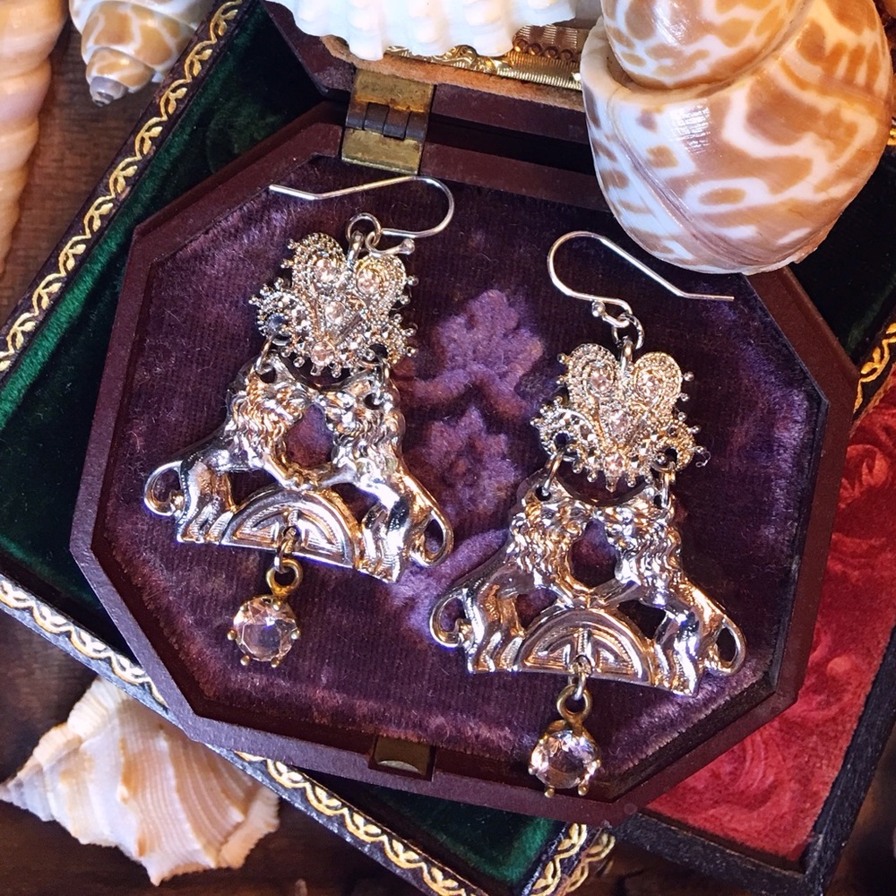 Assemblage Strength Of Two Lions Dangle Earrings