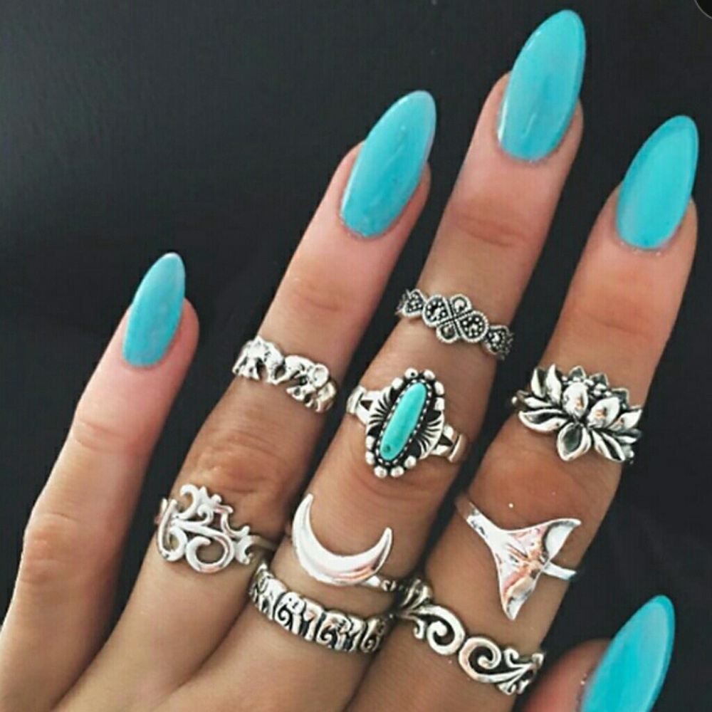 NWT Elephant Moon and Hippy Stone Silver Ring Set