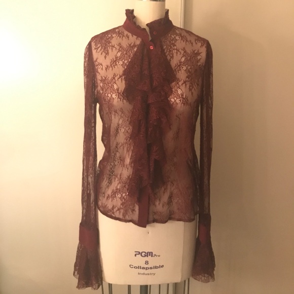 Lace ruffle button up maroon - Picture 1 of 6