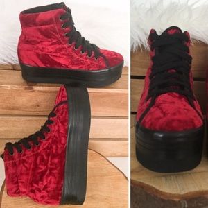 Red velvet platform shoes