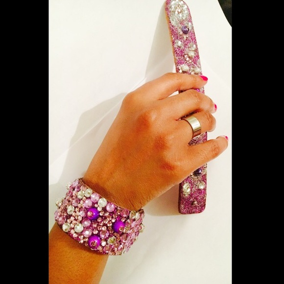 Purple Leather Beaded Bracelet Swarvoski Crystals - Picture 2 of 4