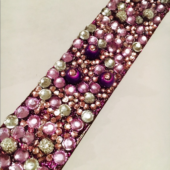 Purple Leather Beaded Bracelet Swarvoski Crystals - Picture 4 of 4