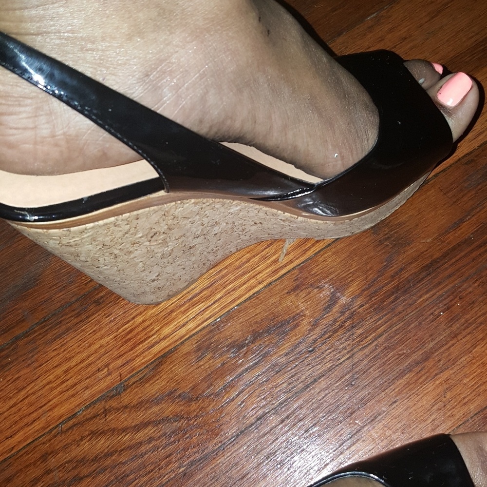 Black patent leather wedge