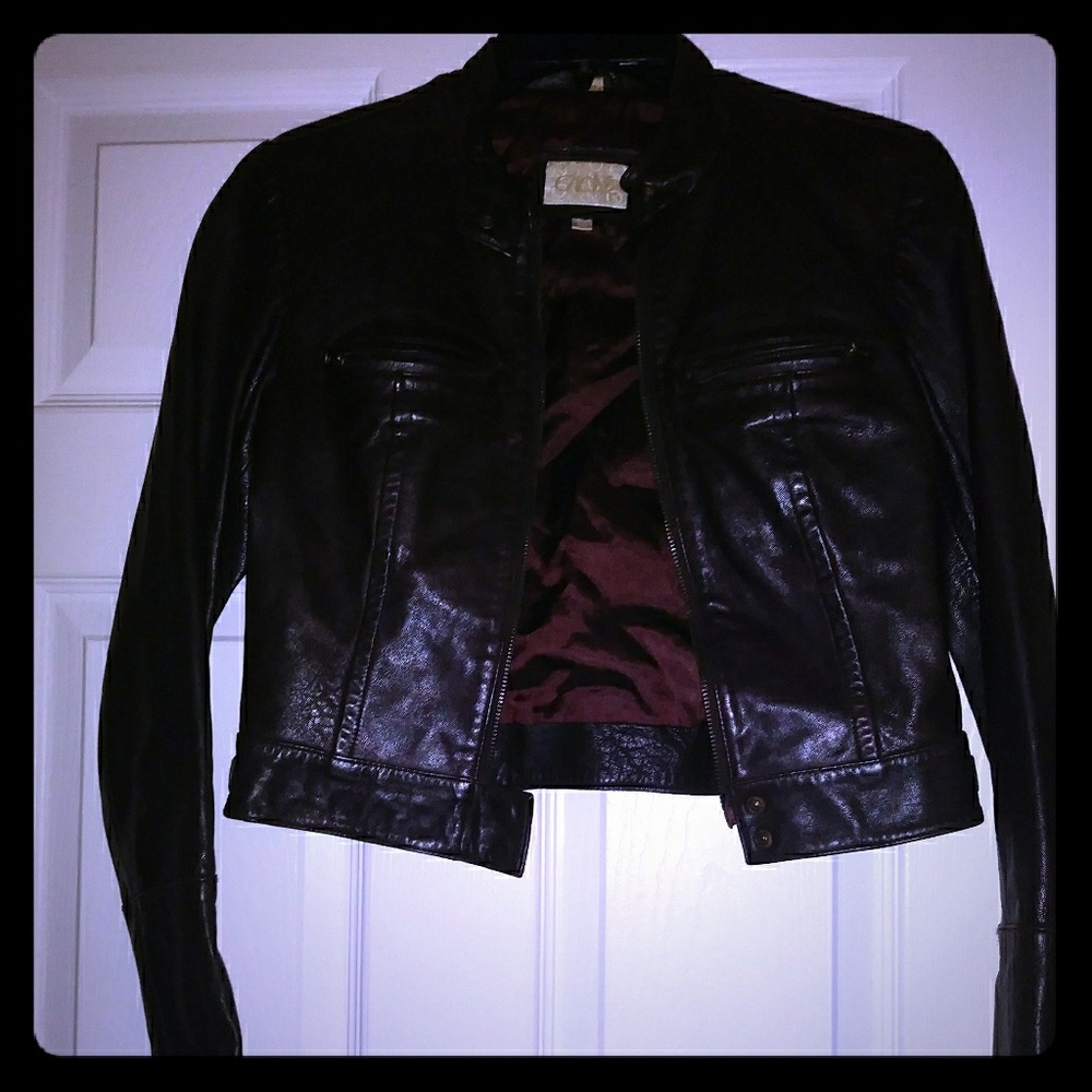 Women's brown leather bomber jacket