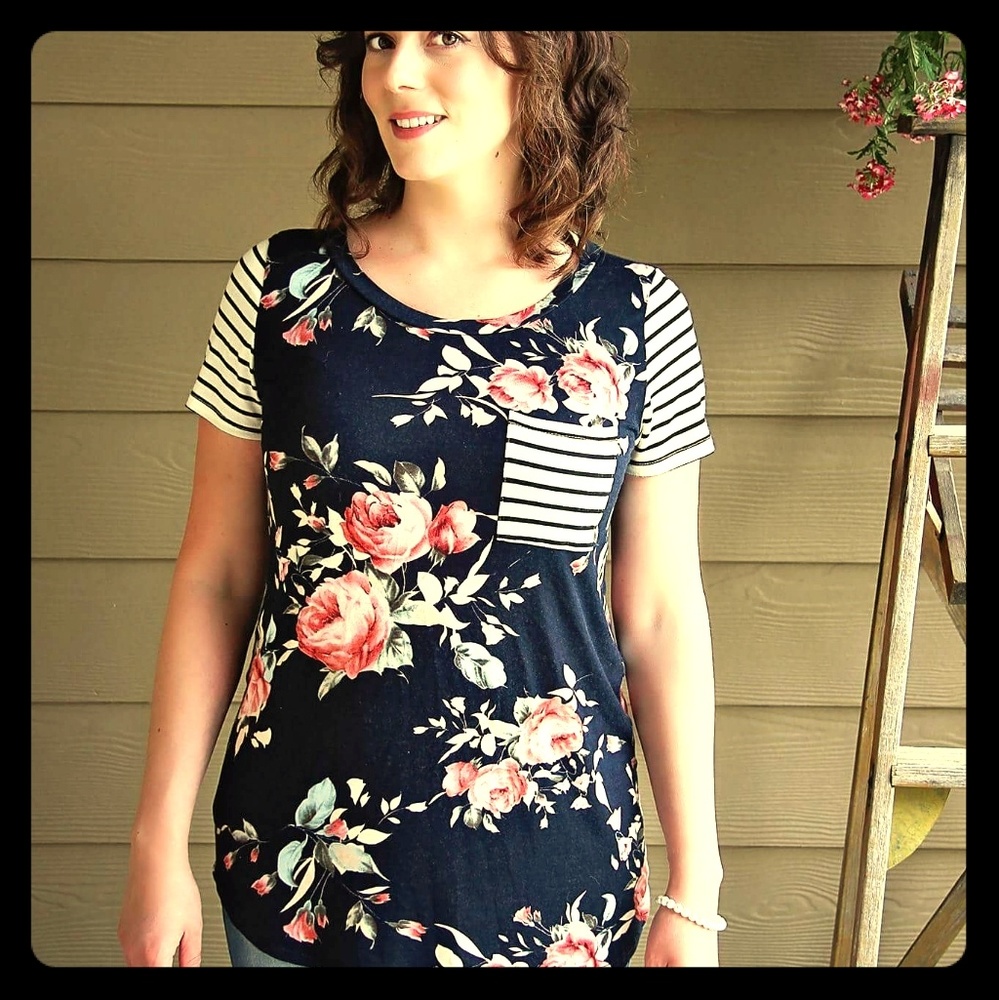 Navy floral tunic top with striped details