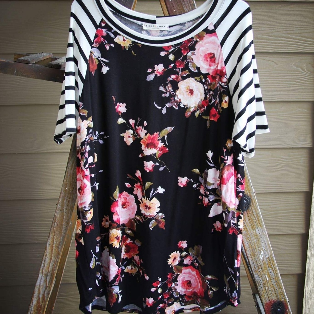Black plus-size floral tunic tee, striped sleeves