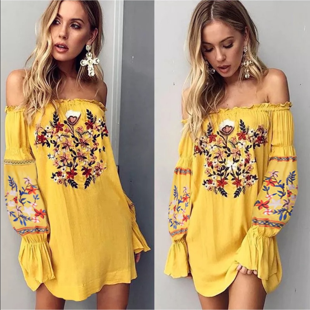 🌻1 Left! Sunflower Boho Exposed Shoulder Dress - Picture 3 of 5
