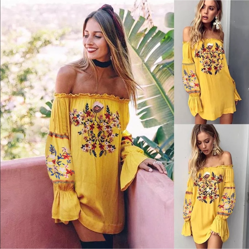 🌻1 Left! Sunflower Boho Exposed Shoulder Dress - Picture 4 of 5