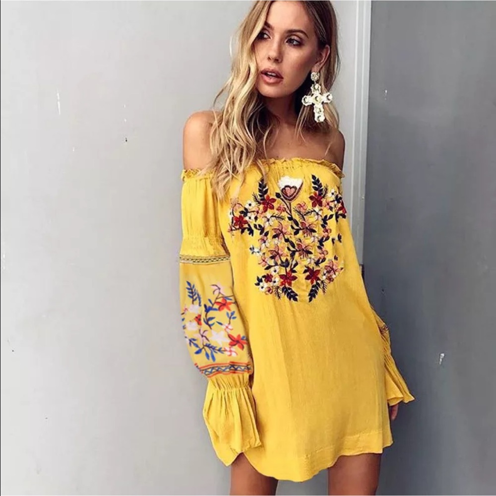 🌻1 Left! Sunflower Boho Exposed Shoulder Dress - Picture 2 of 5