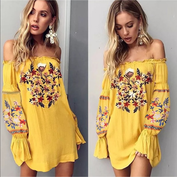 π»1 Left! Sunflower Boho Exposed Shoulder Dress - Picture 3 of 5