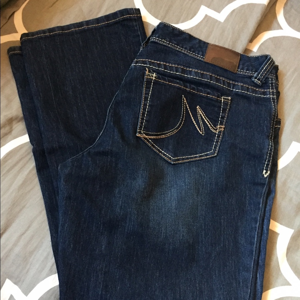 Maurice's bootcut a bit distressed dark wash jeans