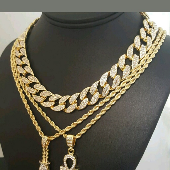 14K GOLD Plated ICED OUT CHAINS COMBO - Picture 2 of 2