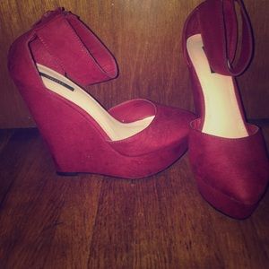 Red ankle strap wedge heel
