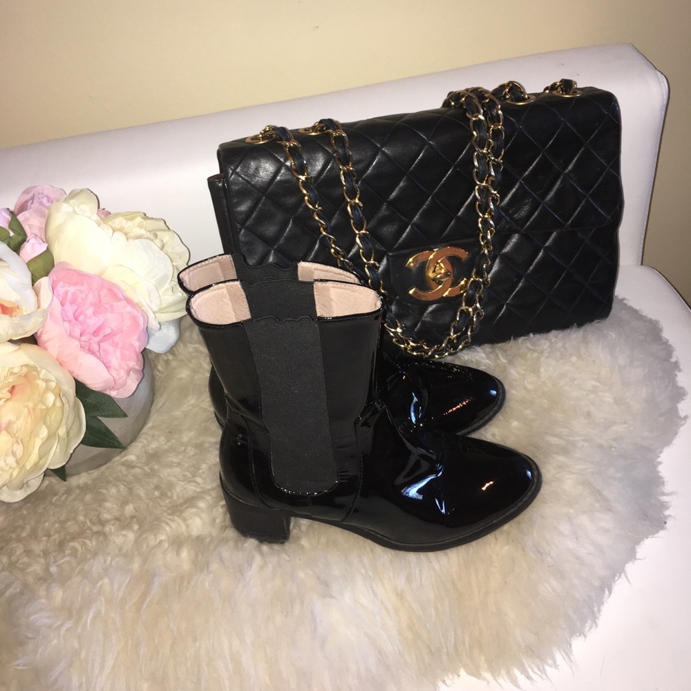 Chanel black patent leather ankle boots sz 5