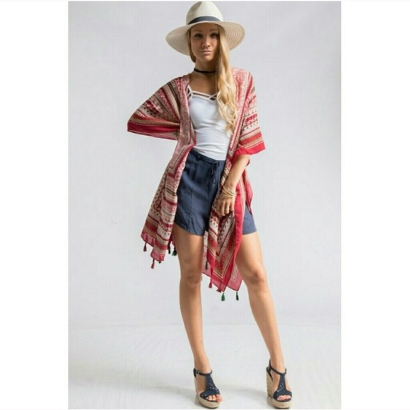 Aztec scarf print kimono shrug with tassels RED - Picture 2 of 2