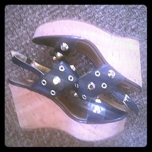 IVANKA TRUMP black wedges with gold. Size 6.