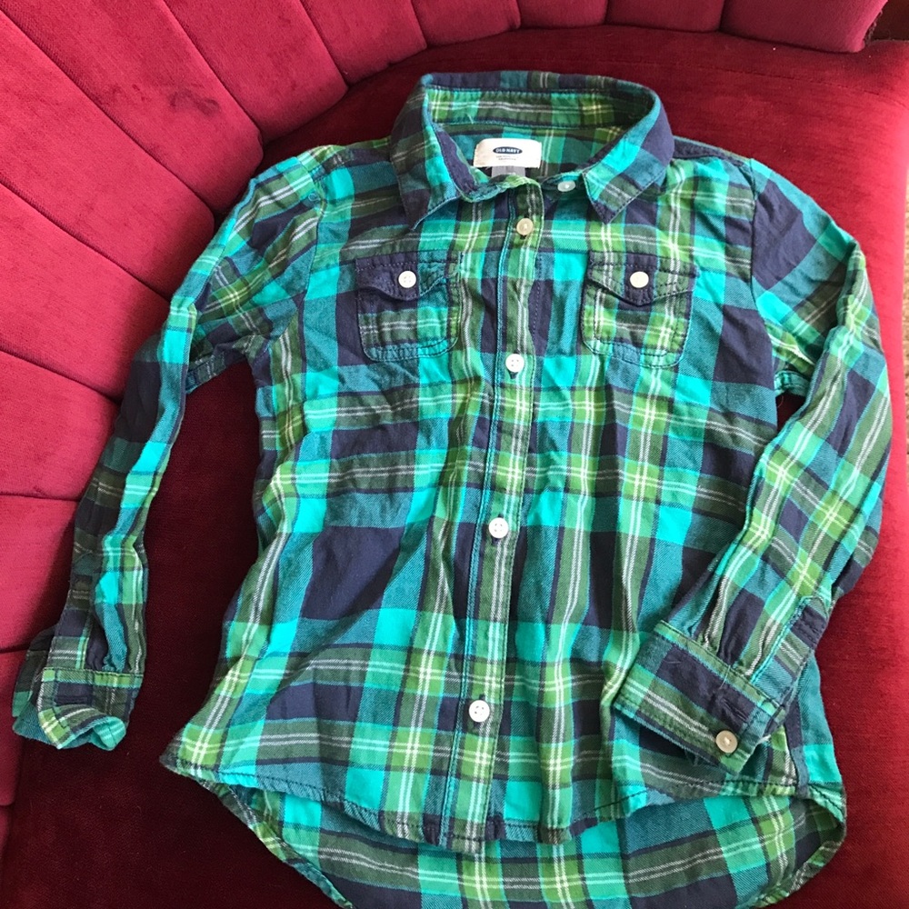 Plaid shirt. Girls XS. Old Navy. Blue green