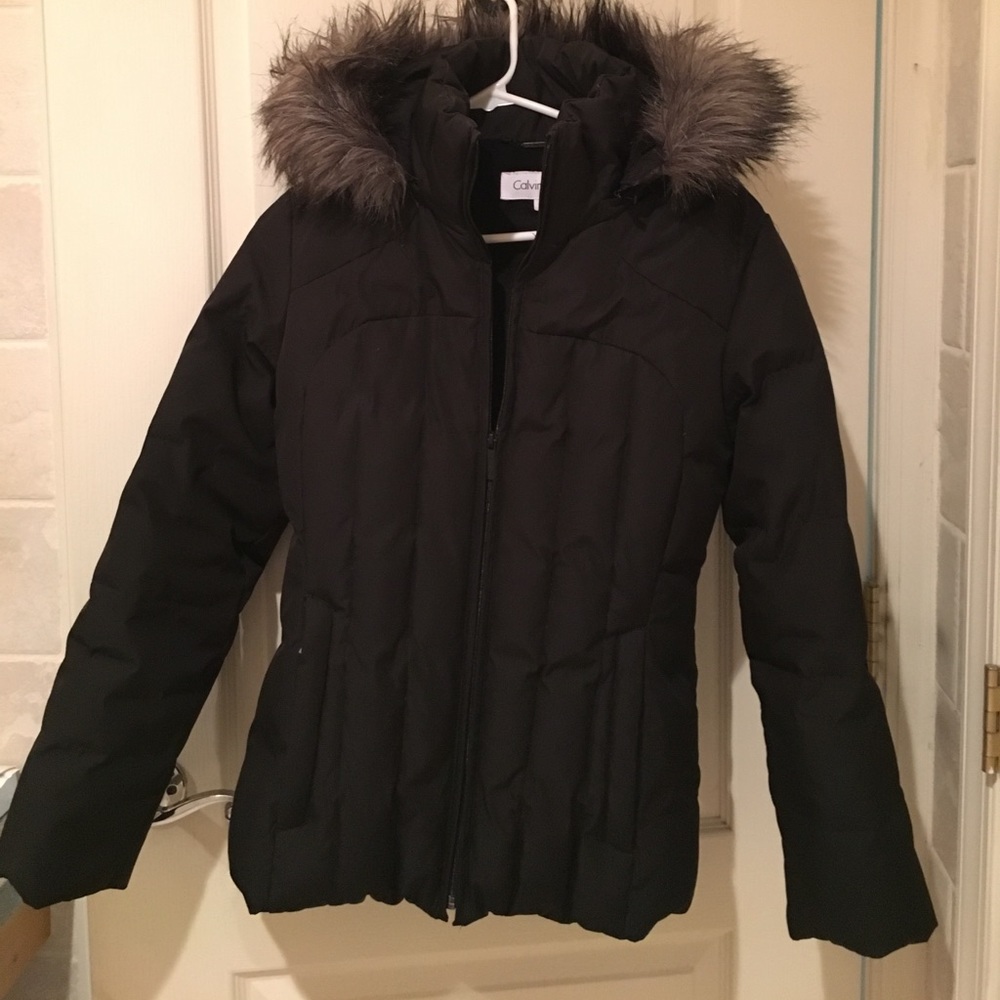 CALVIN KLEIN Black Down Winter Coat Faux Fur Hood