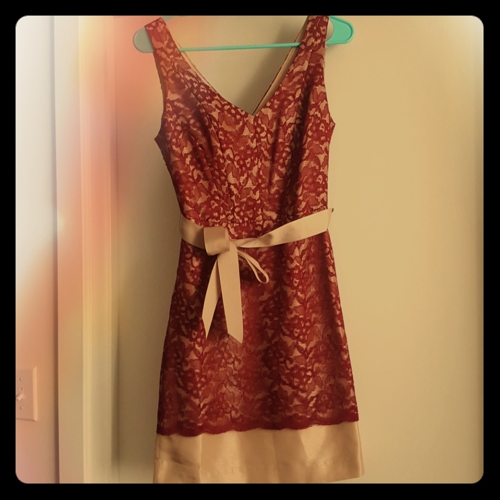 Limited Dress. Maroon lace with gold lining.  Bow.